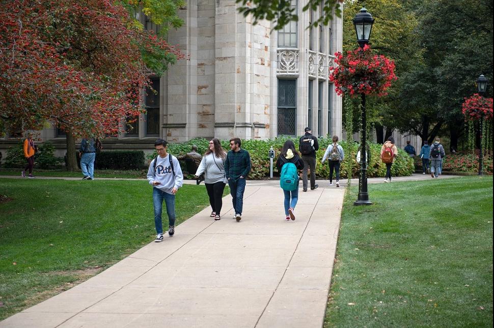 Students walking across campus